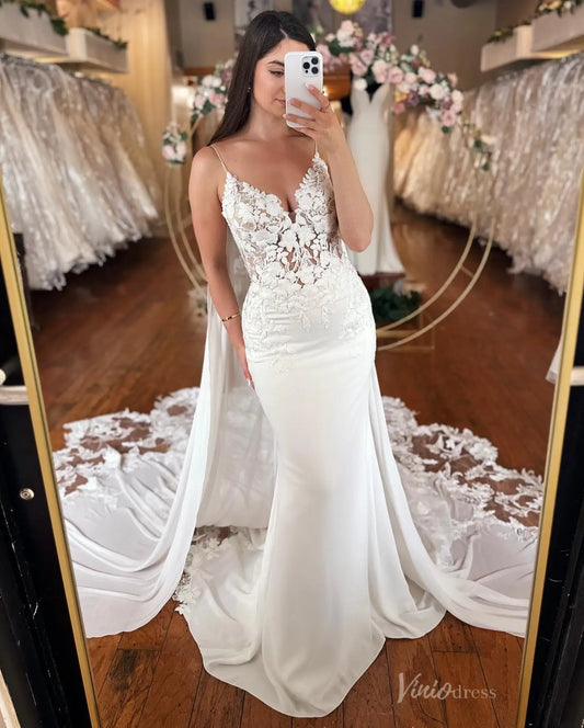 Elegant Ivory Mermaid Wedding Dress with 3D Floral Sheer Bodice & Detachable Lace Cape – MN136-wedding dresses 2025 -Viniodress-Ivory-Custom Size-