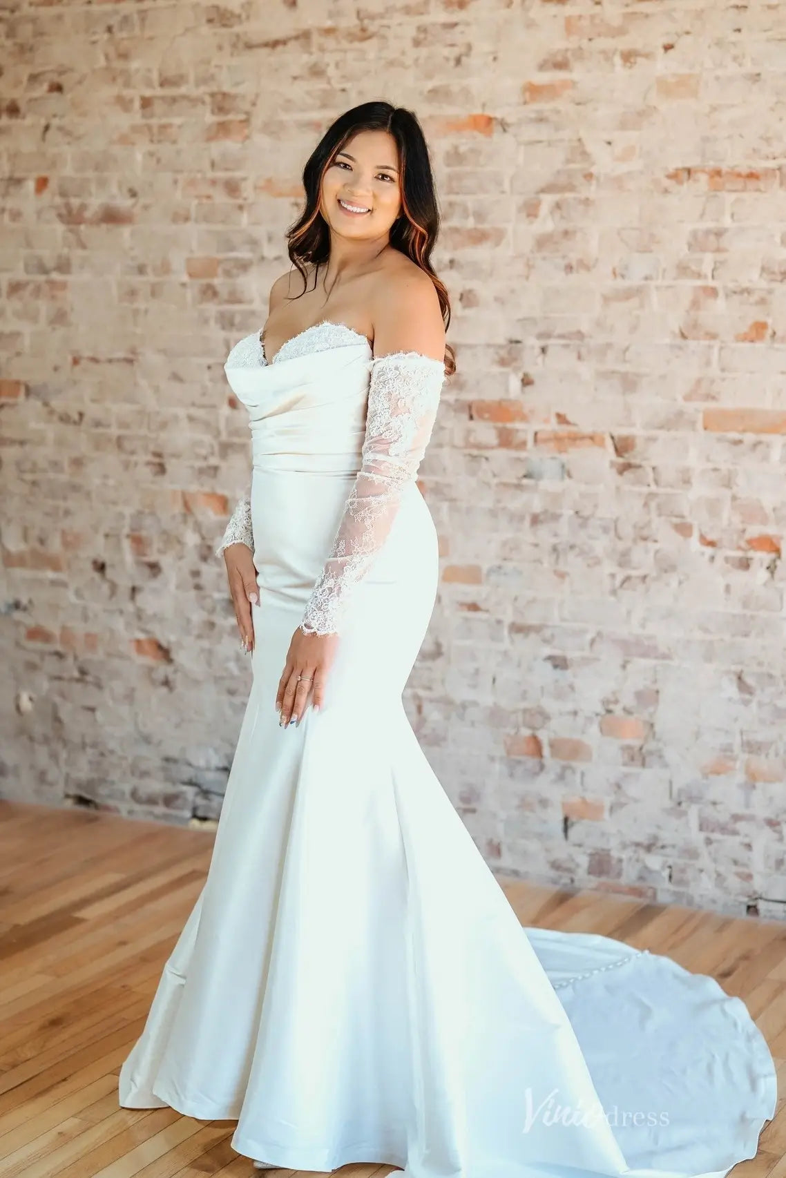 Ivory Off-Shoulder Satin Mermaid Wedding Dress with Lace Sleeves MN139 Viniodress Ivory Off-Shoulder Satin Mermaid Wedding Dress with Lace Sleeves MN139 Viniodress
