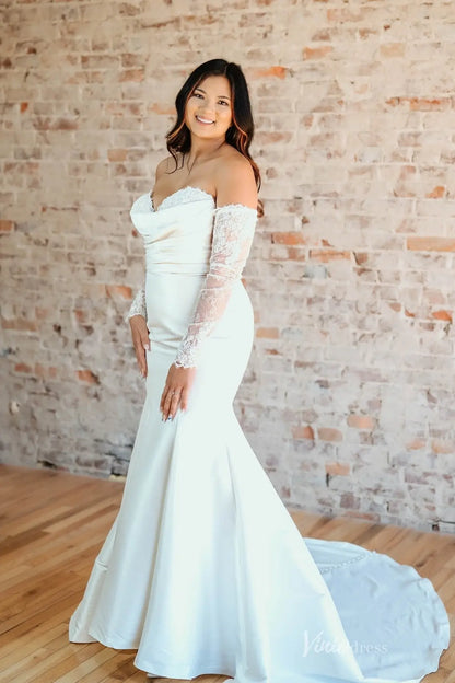 Elegant Ivory Off-the-Shoulder Satin Mermaid Wedding Dress with Lace Sleeves & Sweetheart Neckline – MN139