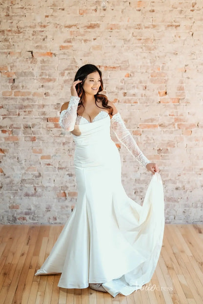 Elegant Ivory Off-the-Shoulder Satin Mermaid Wedding Dress with Lace Sleeves & Sweetheart Neckline – MN139-wedding dresses 2026-Viniodress-Ivory-Custom Size-