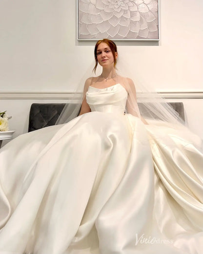 Elegant Ivory Satin Ball Gown Wedding Dress with Draped Neckline, Basque Corset Bodice & Chapel Train – MS153-wedding dresses 2026-Viniodress-Ivory-Custom Size-