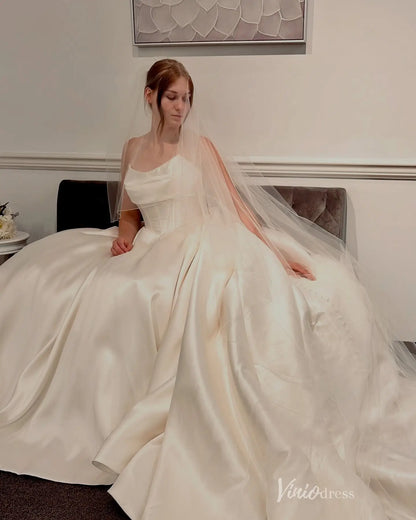 Elegant Ivory Satin Ball Gown Wedding Dress with Draped Neckline, Basque Corset Bodice & Chapel Train – MS153-wedding dresses 2026-Viniodress-Ivory-Custom Size-
