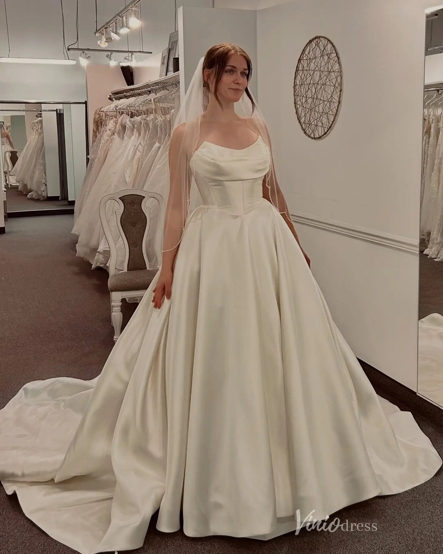 Elegant Ivory Satin Ball Gown Wedding Dress with Draped Neckline, Basque Corset Bodice & Chapel Train – MS153