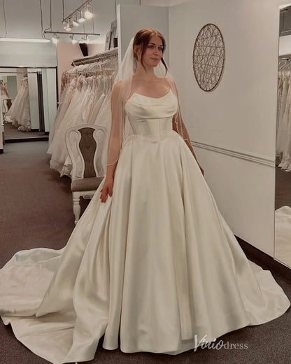 Elegant Ivory Satin Ball Gown Wedding Dress with Draped Neckline, Basque Corset Bodice & Chapel Train – MS153