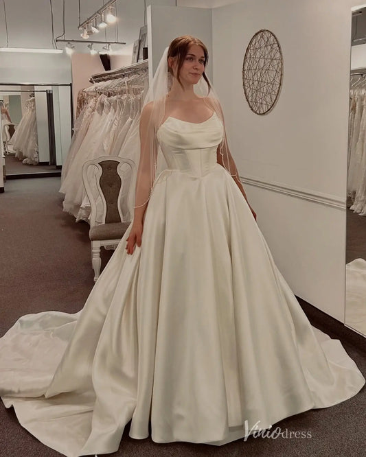 Elegant Ivory Satin Ball Gown Wedding Dress with Draped Neckline, Basque Corset Bodice & Chapel Train – MS153