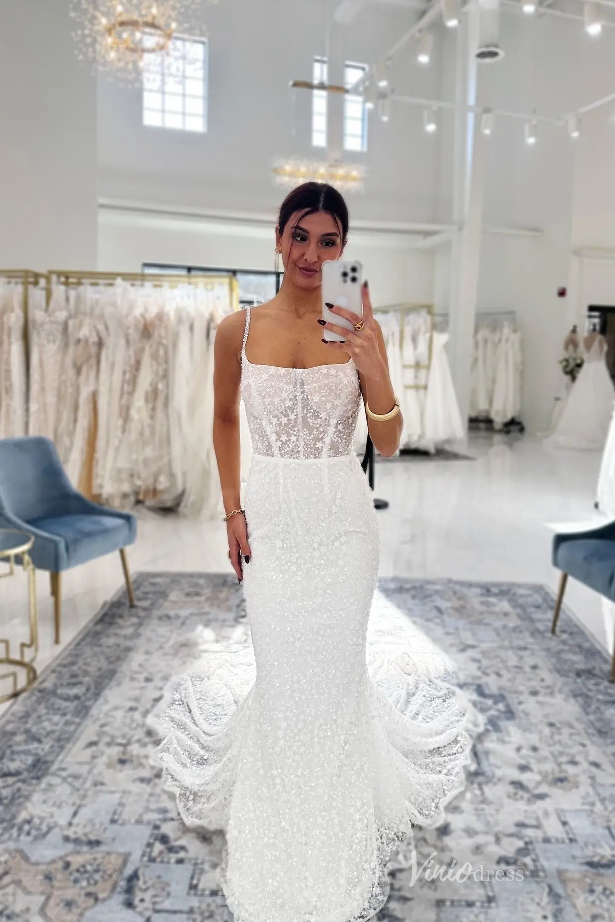 Elegant Ivory Sparkling Beaded Lace Mermaid Wedding Dress with Square Neckline & Sheer Corset Bodice – ML180