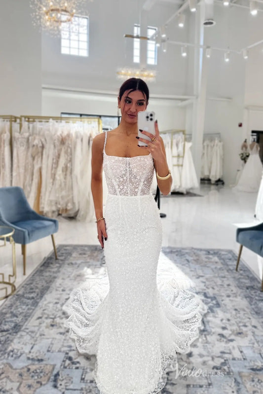 Elegant Ivory Sparkling Beaded Lace Mermaid Wedding Dress with Square Neckline & Sheer Corset Bodice – ML180