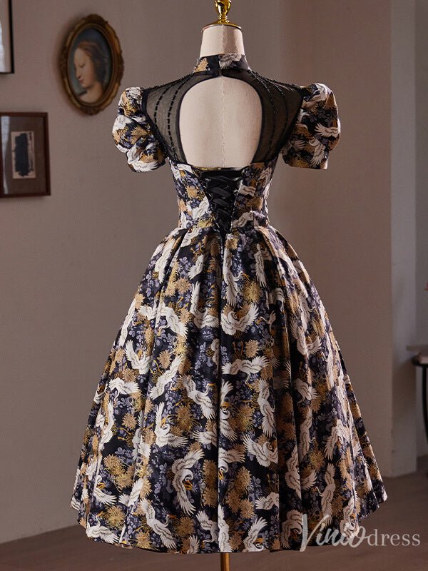 Elegant Jacquard Satin Homecoming Dress Puffed Sleeve Hoco 2024 Graduation Dress 8018-prom dresses 2025 -Viniodress-As Picture-Custom Size-