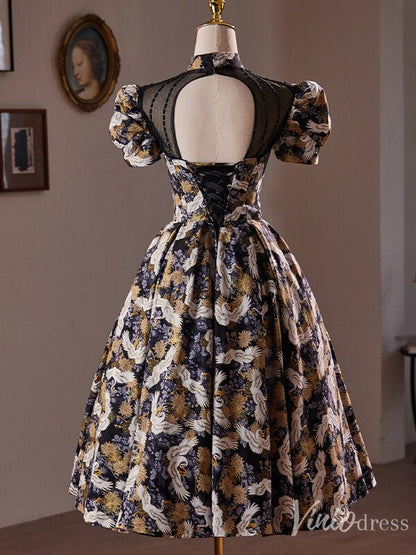 Elegant Jacquard Satin Homecoming Dress Puffed Sleeve Hoco 2024 Graduation Dress 8018-prom dresses 2025 -Viniodress-As Picture-Custom Size-