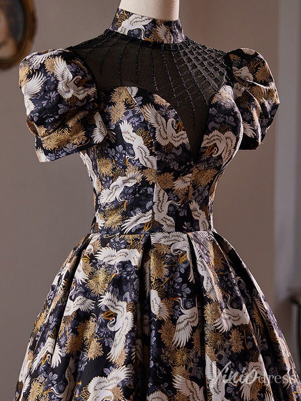 Elegant Jacquard Satin Homecoming Dress Puffed Sleeve Hoco 2024 Graduation Dress 8018-prom dresses 2025 -Viniodress-As Picture-Custom Size-