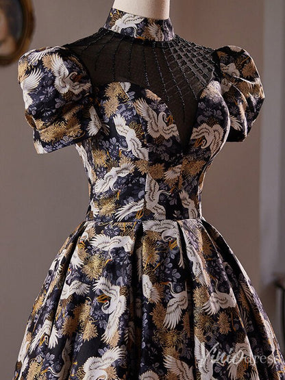 Elegant Jacquard Satin Homecoming Dress Puffed Sleeve Hoco 2024 Graduation Dress 8018-prom dresses 2025 -Viniodress-As Picture-Custom Size-