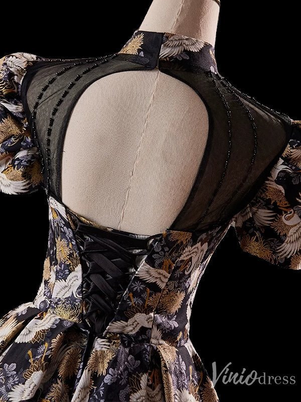 Elegant Jacquard Satin Homecoming Dress Puffed Sleeve Hoco 2024 Graduation Dress 8018-prom dresses 2025 -Viniodress-As Picture-Custom Size-