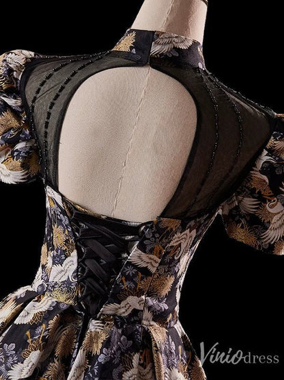 Elegant Jacquard Satin Homecoming Dress Puffed Sleeve Hoco 2024 Graduation Dress 8018-prom dresses 2025 -Viniodress-As Picture-Custom Size-