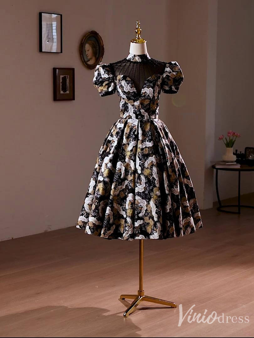 Elegant Jacquard Satin Homecoming Dress Puffed Sleeve Hoco 2024 Graduation Dress 8018-prom dresses 2025 -Viniodress-As Picture-Custom Size-