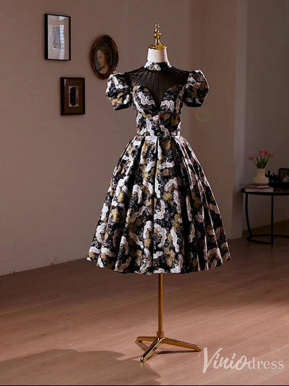 Elegant Jacquard Satin Homecoming Dress Puffed Sleeve Hoco 2024 Graduation Dress 8018-prom dresses 2025 -Viniodress-As Picture-Custom Size-