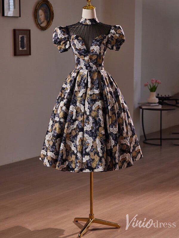 Elegant Jacquard Satin Homecoming Dress Puffed Sleeve Hoco 2024 Graduation Dress 8018-prom dresses 2025 -Viniodress-As Picture-Custom Size-