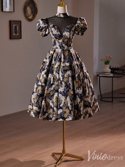 Elegant Jacquard Satin Homecoming Dress Puffed Sleeve Hoco 2024 Graduation Dress 8018-prom dresses 2025 -Viniodress-As Picture-Custom Size-