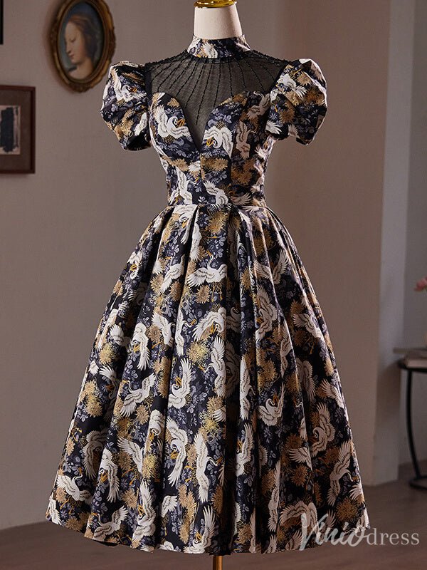 Elegant Jacquard Satin Homecoming Dress Puffed Sleeve Hoco 2024 Graduation Dress 8018-prom dresses 2025 -Viniodress-As Picture-Custom Size-