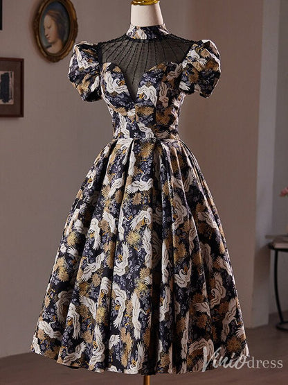 Elegant Jacquard Satin Homecoming Dress Puffed Sleeve Hoco 2024 Graduation Dress 8018-prom dresses 2025 -Viniodress-As Picture-Custom Size-