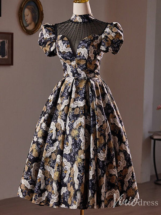 Elegant Jacquard Satin Homecoming Dress Puffed Sleeve Hoco 2024 Graduation Dress 8018-prom dresses 2025 -Viniodress-As Picture-Custom Size-