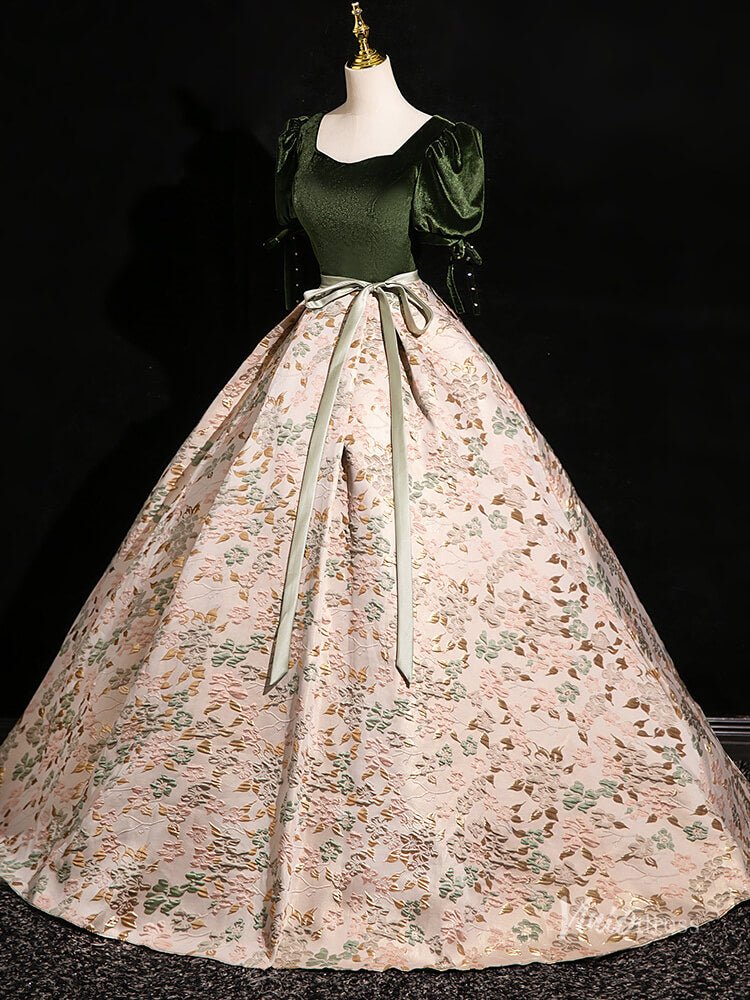 Elegant Jacquard Satin Prom Ball Gown Puffed Sleeve Velvet Quinceanera Dresses BG001-prom dresses 2025 -Viniodress-Green-Custom Size-