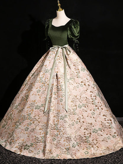 Elegant Jacquard Satin Prom Ball Gown Puffed Sleeve Velvet Quinceanera Dresses BG001-prom dresses 2025 -Viniodress-Green-Custom Size-