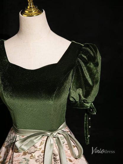Elegant Jacquard Satin Prom Ball Gown Puffed Sleeve Velvet Quinceanera Dresses BG001-prom dresses 2025 -Viniodress-Green-Custom Size-