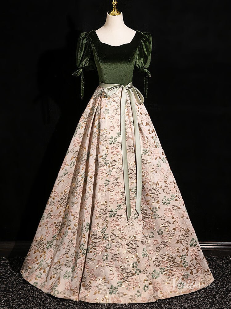 Elegant Jacquard Satin Prom Ball Gown Puffed Sleeve Velvet Quinceanera Dresses BG001-prom dresses 2025 -Viniodress-Green-Custom Size-