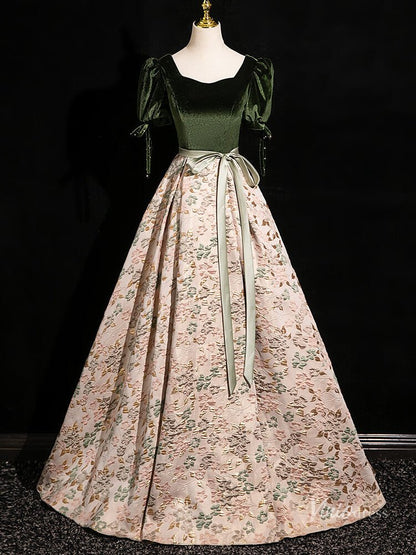 Elegant Jacquard Satin Prom Ball Gown Puffed Sleeve Velvet Quinceanera Dresses BG001-prom dresses 2025 -Viniodress-Green-Custom Size-