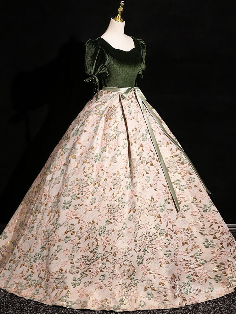 Elegant Jacquard Satin Prom Ball Gown Puffed Sleeve Velvet Quinceanera Dresses BG001-prom dresses 2025 -Viniodress-Green-Custom Size-