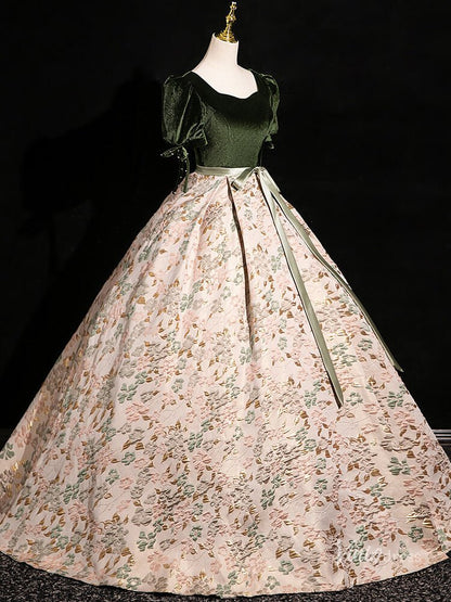 Elegant Jacquard Satin Prom Ball Gown Puffed Sleeve Velvet Quinceanera Dresses BG001-prom dresses 2025 -Viniodress-Green-Custom Size-