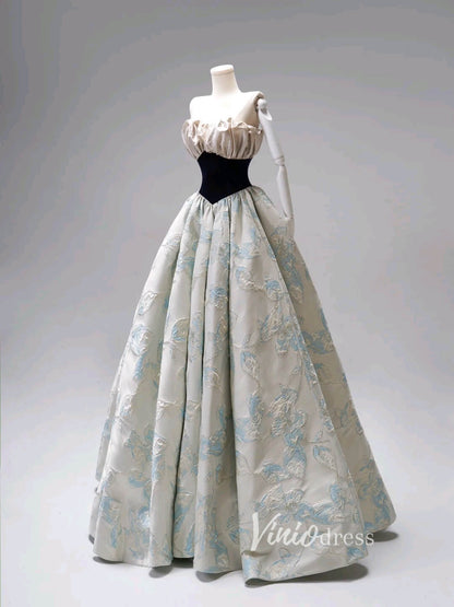 Elegant Jacquard Satin Prom Dresses Strapless Formal Dress FD3424-prom dresses 2025 -Viniodress-Light Blue-Custom Size-