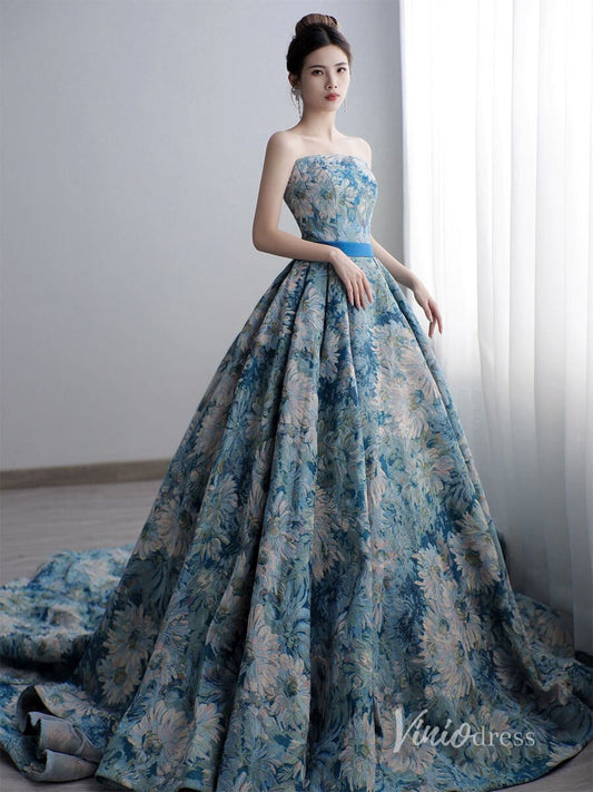 Elegant Jacquard Satin Prom Dresses Strapless Formal Gown AD1117-prom dresses 2025 -Viniodress-Blue-Custom Size-