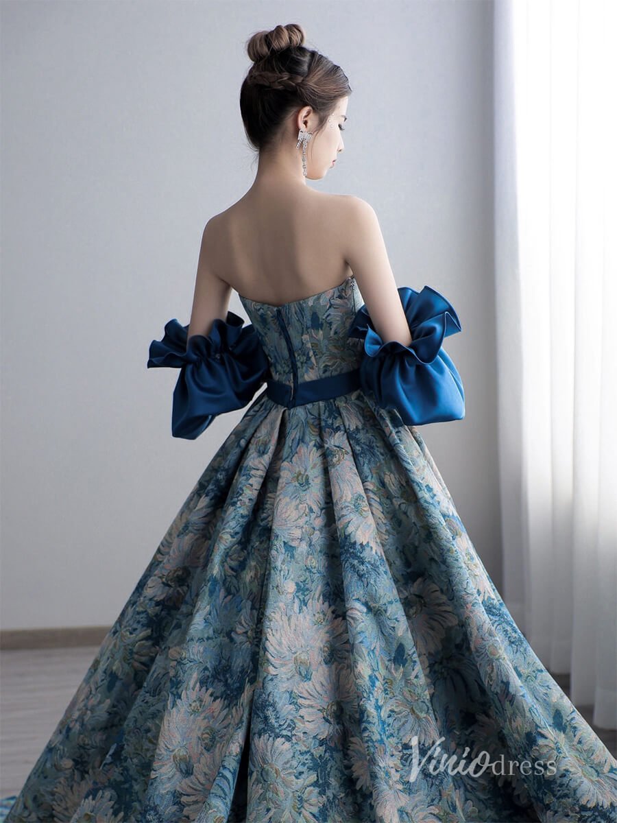 Elegant Jacquard Satin Prom Dresses Strapless Formal Gown AD1117-prom dresses 2025 -Viniodress-Blue-Custom Size-