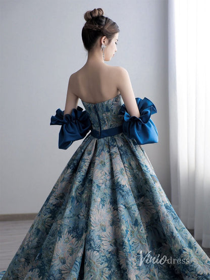 Elegant Jacquard Satin Prom Dresses Strapless Formal Gown AD1117-prom dresses 2025 -Viniodress-Blue-Custom Size-