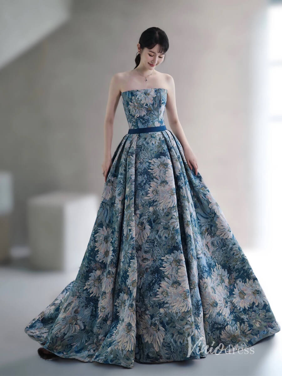 Elegant Jacquard Satin Prom Dresses Strapless Formal Gown AD1117-prom dresses 2025 -Viniodress-Blue-Custom Size-