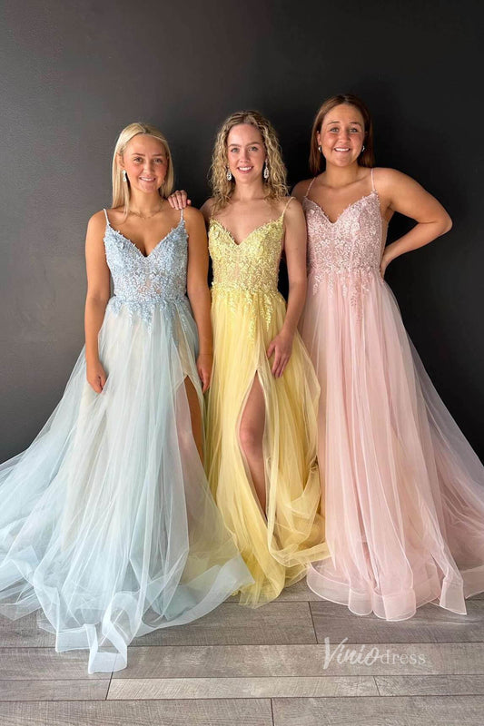 Elegant Lace Applique Prom Dresses with Slit Boned Bodice Spaghetti Strap FD4045B-prom dresses 2025 -Viniodress-Light Blue-Custom Size-