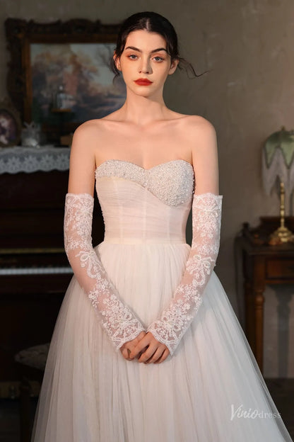 Elegant Lace Bridal Gloves with Pearl Floral Embroidery – Long Sleeves WG182-Bridal Gloves 2026-Viniodress-Ivory-With Pearls-