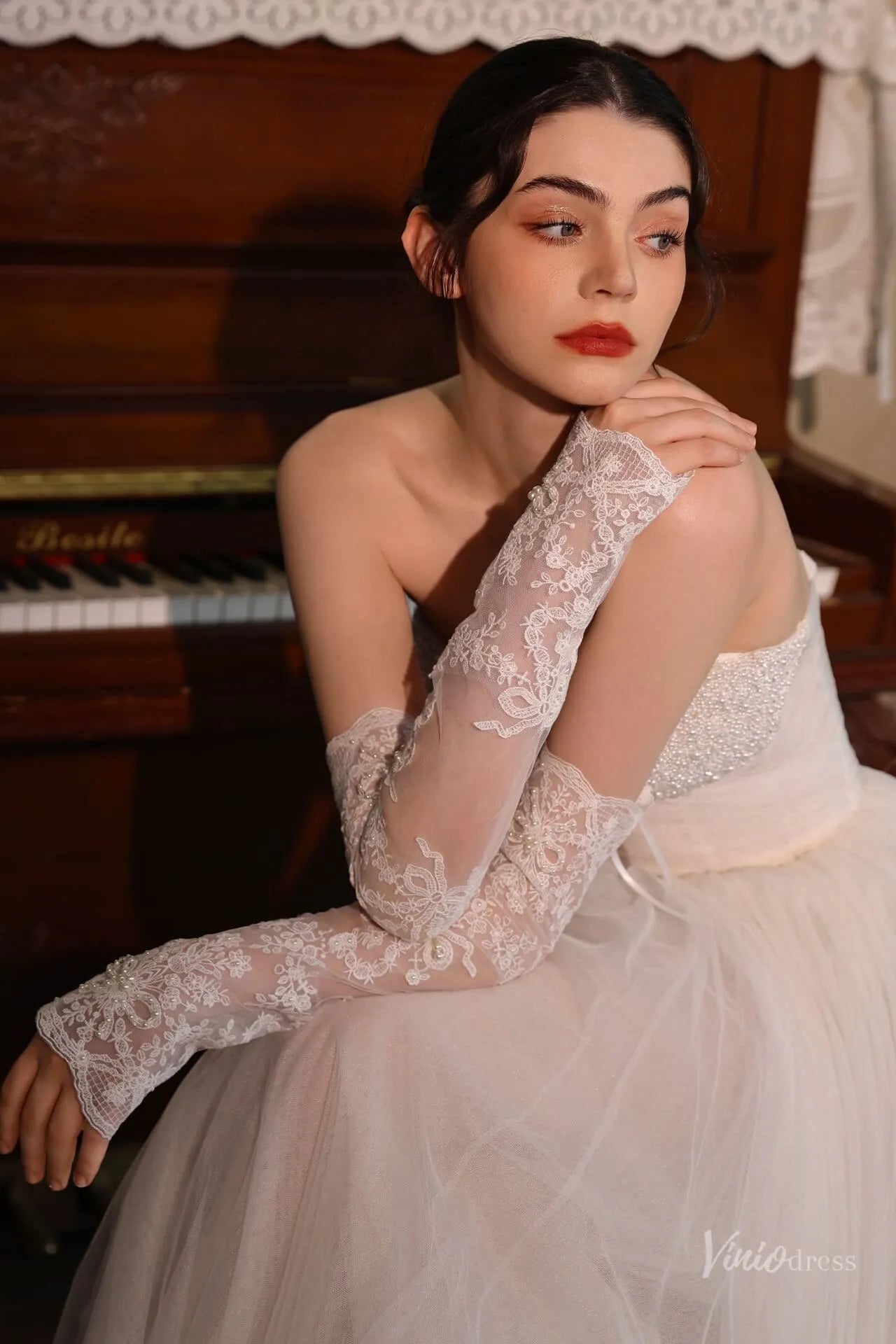 Elegant Lace Bridal Gloves with Pearl Floral Embroidery Long Sleeves Viniodress Elegant Lace Bridal Gloves with Pearl Floral Embroidery Long Sleeves Viniodress