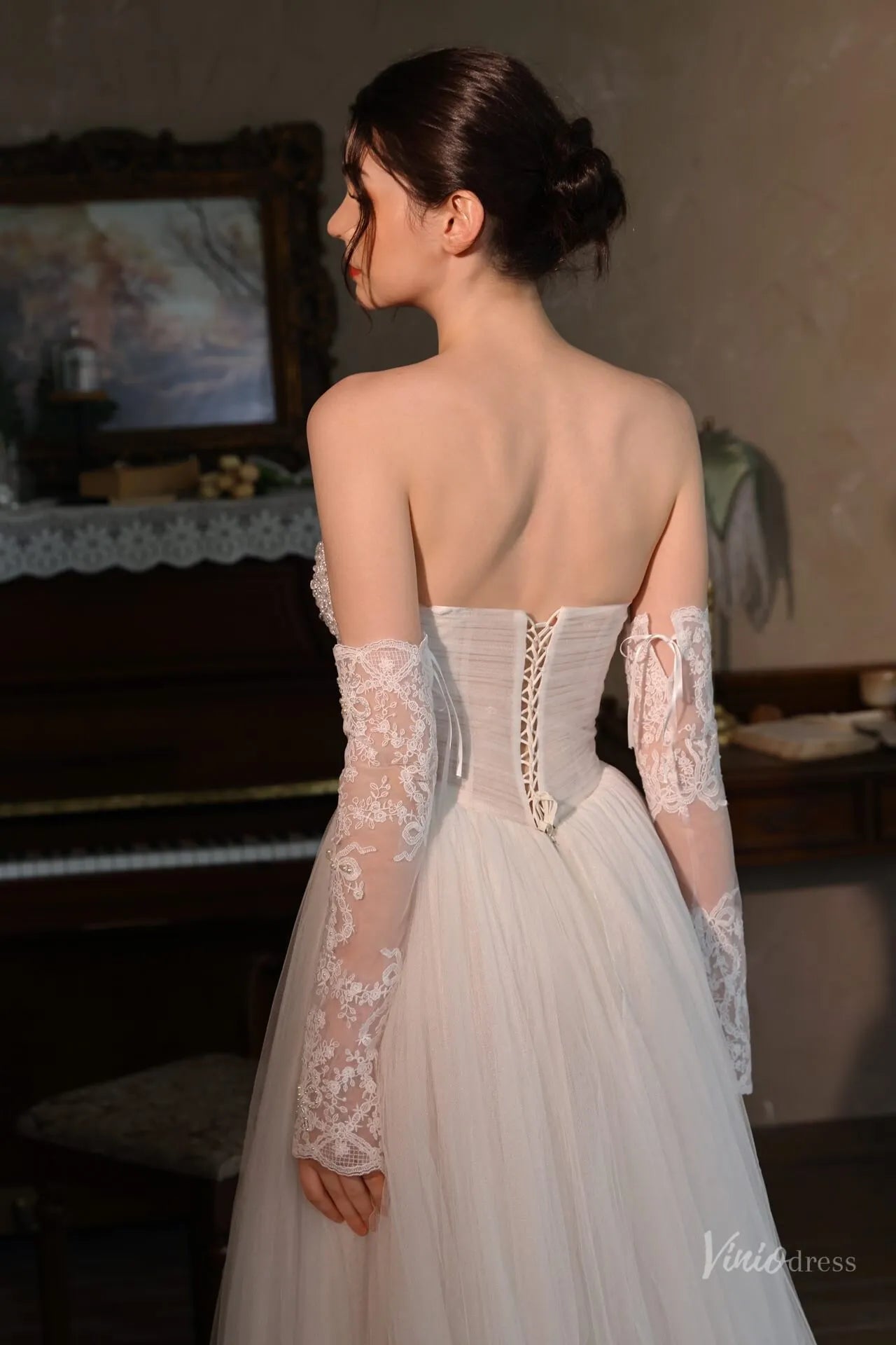 Elegant Lace Bridal Gloves with Pearl Floral Embroidery – Long Sleeves WG182-Bridal Gloves 2026-Viniodress-Ivory-With Pearls-