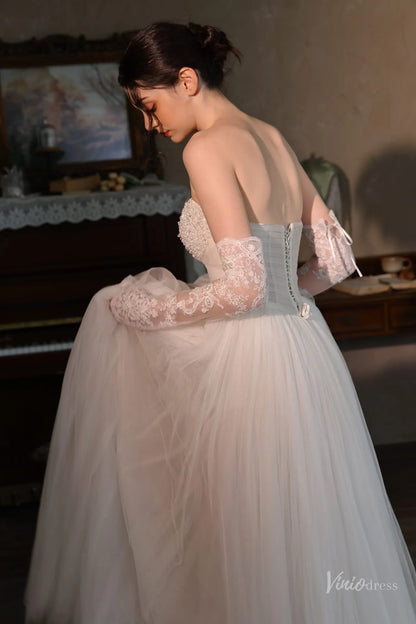 Elegant Lace Bridal Gloves with Pearl Floral Embroidery – Long Sleeves WG182-Bridal Gloves 2026-Viniodress-Ivory-With Pearls-