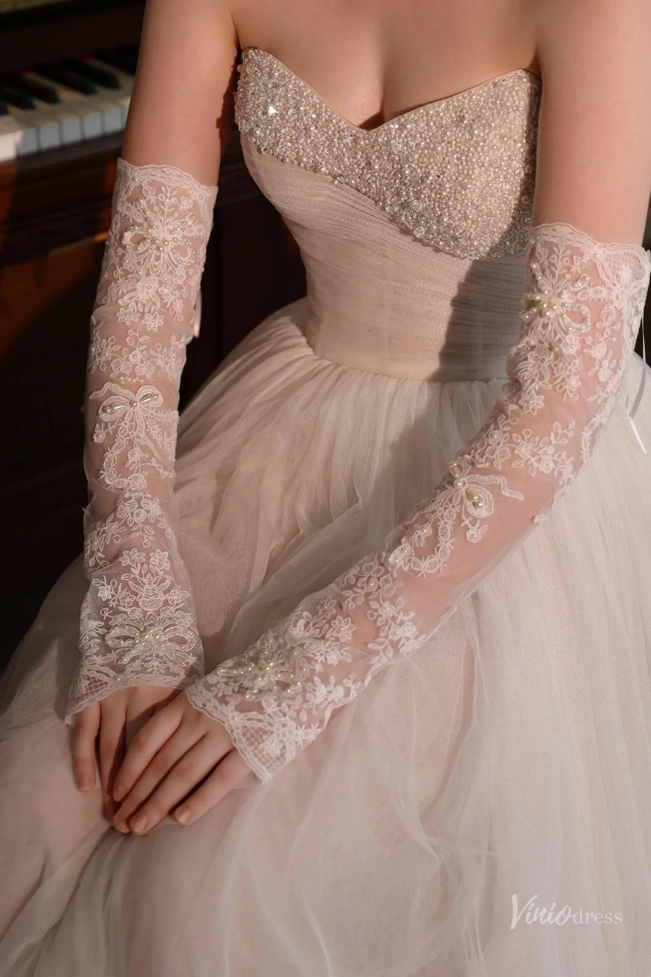 Elegant Lace Bridal Gloves with Pearl Floral Embroidery – Long Sleeves WG182-Bridal Gloves 2026-Viniodress-Ivory-With Pearls-