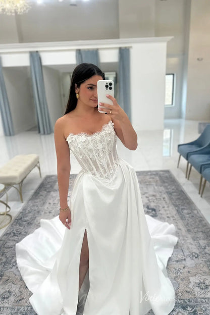 Elegant Lace Corset A-Line Wedding Dress with Sweetheart Neckline, High Slit Skirt & Chapel Train – MS150-wedding dresses 2026-Viniodress-Ivory-Custom Size-Dress Only