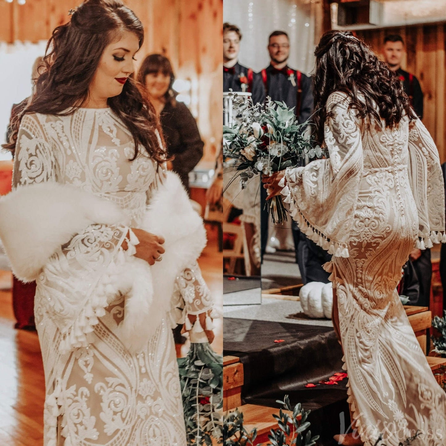 Elegant Lace Long Batwing Sleeve Boho Wedding Dresses with Slit Sheath Tassel Bridal Gown VW2216-wedding dresses 2025 -Viniodress-Ivory-Custom Size-