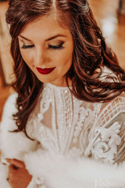 Elegant Lace Long Batwing Sleeve Boho Wedding Dresses with Slit Sheath Tassel Bridal Gown VW2216-wedding dresses 2025 -Viniodress-Ivory-Custom Size-