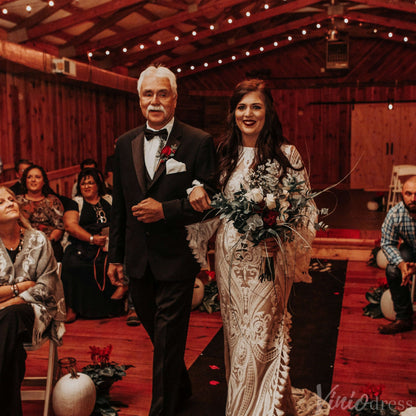 Elegant Lace Long Batwing Sleeve Boho Wedding Dresses with Slit Sheath Tassel Bridal Gown VW2216-wedding dresses 2025 -Viniodress-Ivory-Custom Size-