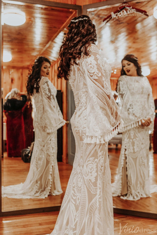 Elegant Lace Long Batwing Sleeve Boho Wedding Dresses with Slit Sheath Tassel Bridal Gown VW2216-wedding dresses 2025 -Viniodress-Ivory-Custom Size-