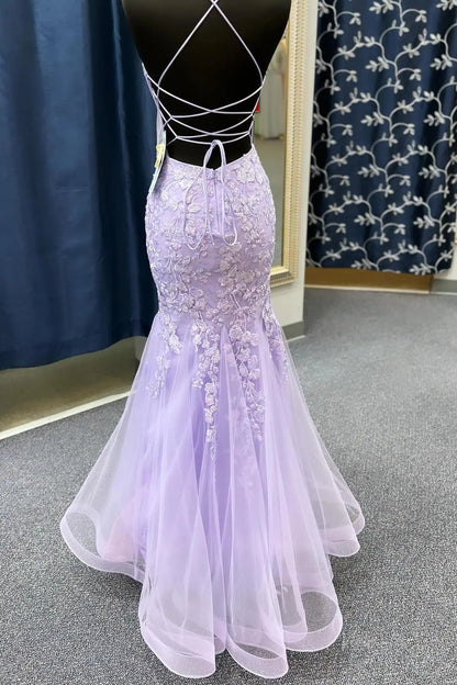 Elegant Lace Mermaid Prom Dresses 2025 with Spaghetti Strap & V-Neck – FD5073-prom dresses 2025 -Viniodress-Lavender-Custom Size-
