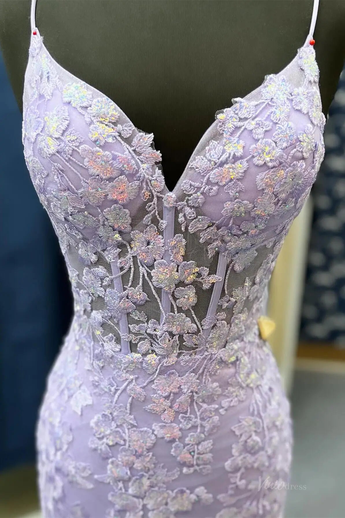 Elegant Lace Mermaid Prom Dresses 2025 with Spaghetti Strap & V-Neck – FD5073-prom dresses 2025 -Viniodress-Lavender-Custom Size-