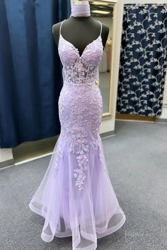 Elegant Lace Mermaid Prom Dresses 2025 with Spaghetti Strap & V-Neck – FD5073-prom dresses 2025 -Viniodress-Lavender-Custom Size-